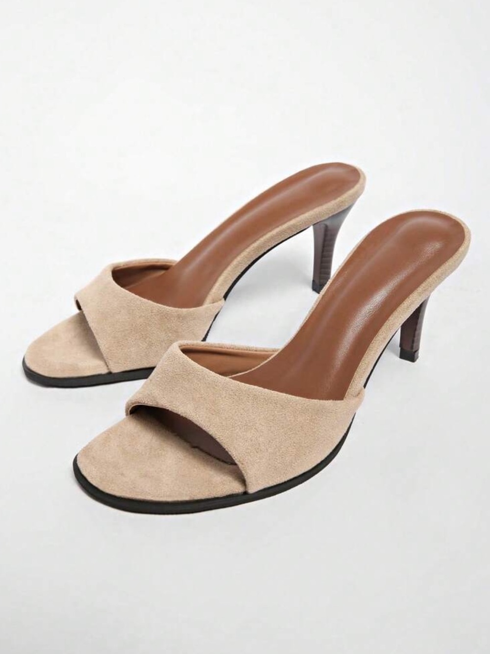 Light taupe Khaki faux Suede Open-Toe Mule Heels
